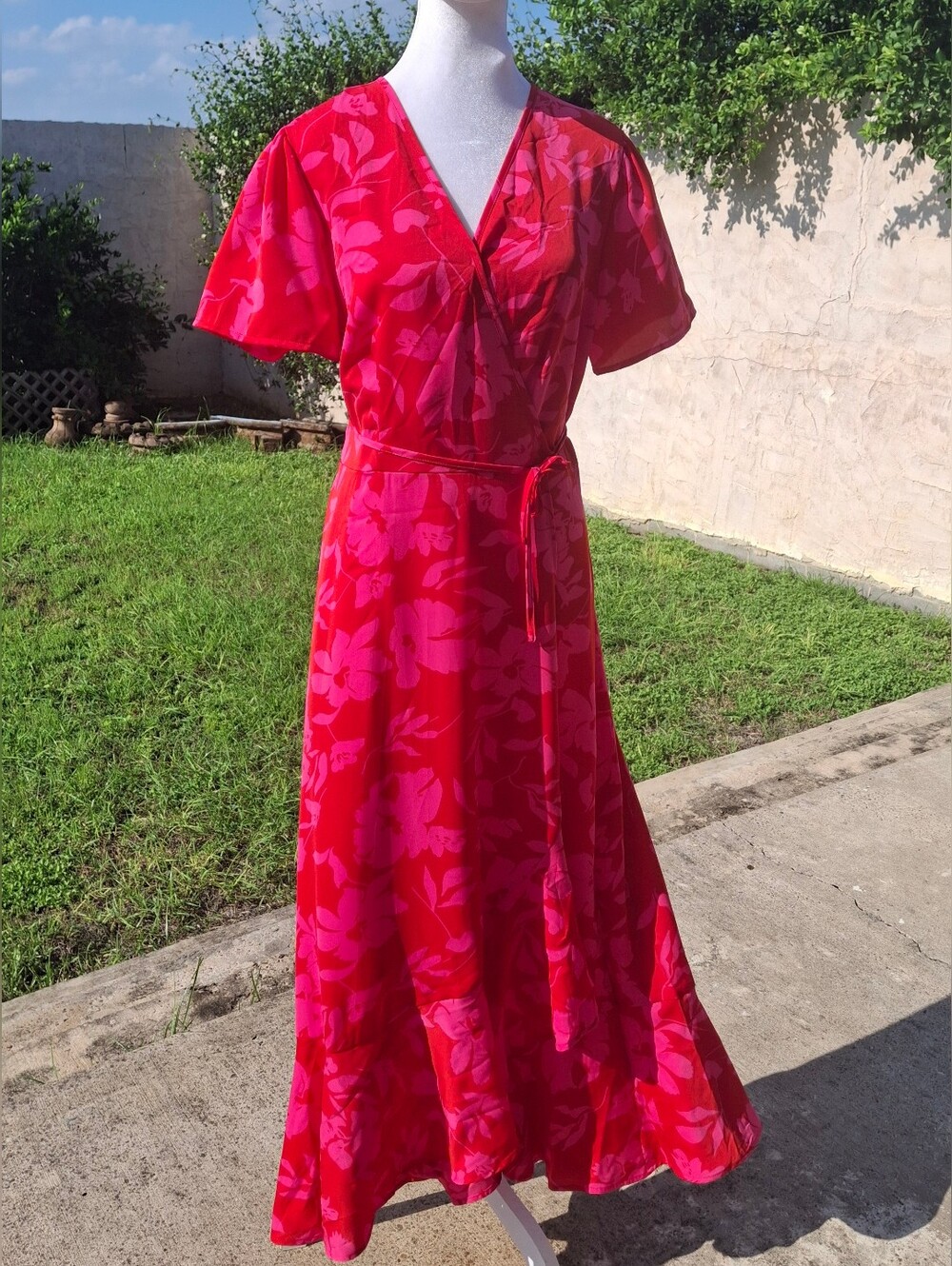 Tropical Floral Wrap Dress Maxi Pink Red Tie Waist Short Sleeve Women Size Small - Picture 5 of 14